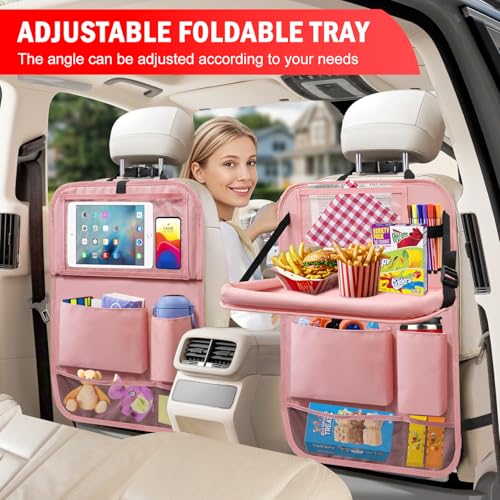 2Pack Car Backseat Organizer with Foldable Table Tray,6 Storage Pockets Car Storage Organizer with Tablet Holder,Car Seat Back Protectors Kick Mats Travel Accessories (Pink) - color: Pink, size: 2 Pack with Food Tray