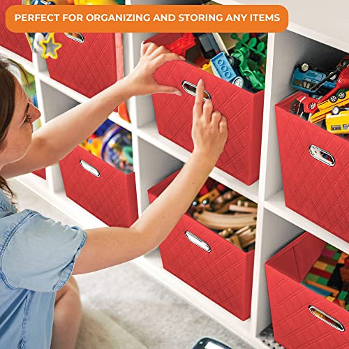 FH Group JIAessentials 12" Faux Leather Foldable Storage Cube Bins Set of 2 – Red Diamond Patterned Organizers with Handles for Closet & Shelves - color: Red, size: Medium
