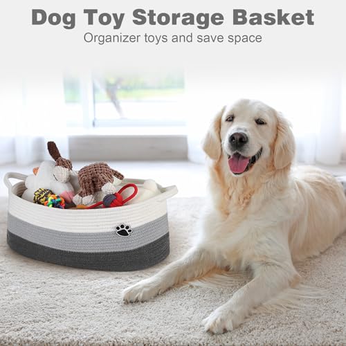 Optish Dog Toy Basket, Toy Box and Bin for Dog Cat Storage, 19.7" X 11" X 7.9" (30L) Large Woven Basket for Blanket Storage, Rope Baskets for Living Room, Bedroom, White & Grey - color: White-Grey, size: 19.7"L x 11"W x 7.9"H (30L)