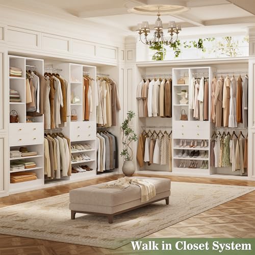 Besiost Closet System, 4.2–8.8 FT Closet Organizer with 2 Wooden Drawers and Shelves, Walk-in Closet System with 5 Hang Rods, Built-in Reach in Closet Tower, Can Fit 60 to 96 inch, White - color: White