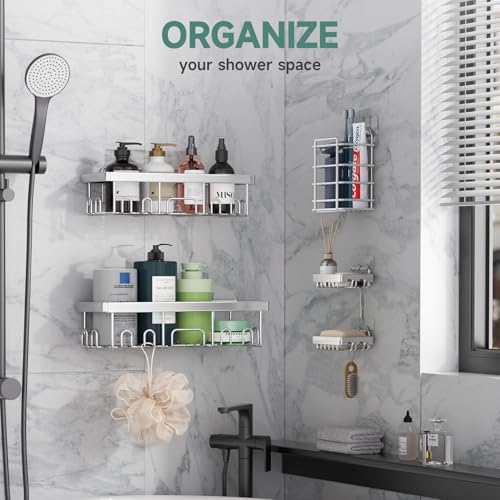 Veken Adhesive Shower Caddy 5-Pack,Heavy Weight Bearing,Large Wall Mounted Shower Shelves Rack,Organizer Storage Accessories with Soap Dish&Toothbrush Holder,Ideal for Bathroom,Home&Kitchen,Silver - color: Silver