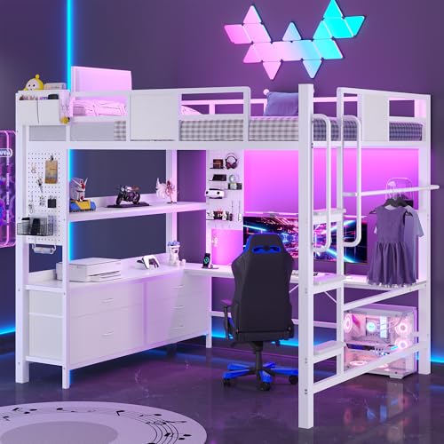 Dnxao Full Size Loft Bed with Desk and 5 Storage Drawers, Heavy Duty Metal Loft Bed with Charging Station, LED Lights & Pegboard, Space-Saving Workstation for Teens & Adults, White | Clothes Rack - color: White, size: Full loft bed with 5 drawer
