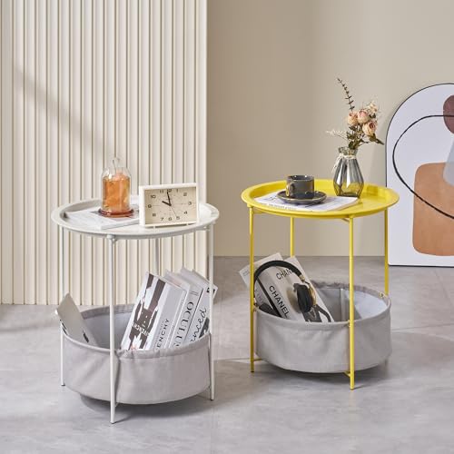 VECELO Round Side/End Table with Fabric Storage Basket，Metal Anti-Rust and Waterproof Small Bedside Nightstand with Removable Tray Top for Living Room，Balcony & Laundry，Yellow /2pcs with Basket - color: Yellow, size: 2 PCS with Basket
