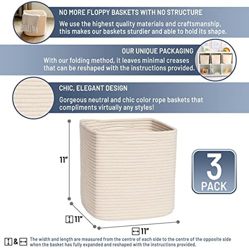 NaturalCozy Storage Cubes 11 Inch Cotton Rope Woven Baskets for Organizing, 3-Pack | Cube Storage Bin | Square Storage Baskets for Shelves Organizer, Classroom, Kids Toy Bins, Closet, Baby Nursery - color: Beige