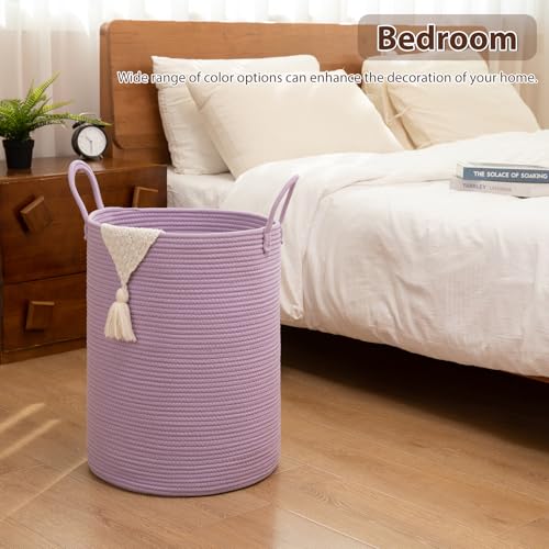 OIAHOMY Large Laundry Basket Hamper - 60L Cotton Rope Woven Basket for Blankets, Toys, Clothes - Tall Decorative Nursery Hamper with Long Handles, Purple - color: Purple, size: 60L