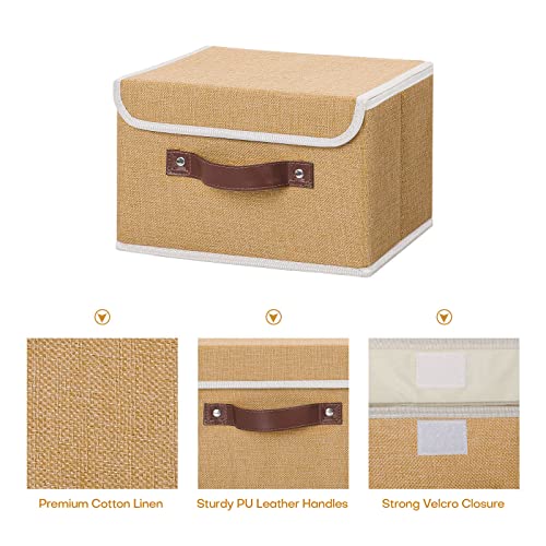 ANMINY Storage Bin with Lid Storage Boxes with PU Leather Handles PP Plastic Board Decorative Foldable Lidded Cotton Linen Fabric Home Cubes Baskets Closet Organizer Container - Khaki, Small Size - color: Khaki, size: Small (Pack of 1)