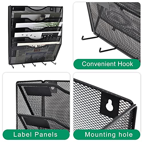 EASEPRES 5 Pocket Mesh Hanging File Organizer with Key Holder Hooks & Nametag Label, Wall Mounted Mail Paper Document Folder Storage Organization Magazine Rack for Office Cubicle, 5 Tier Black - color: Black, size: 5 Tier & Key Holder