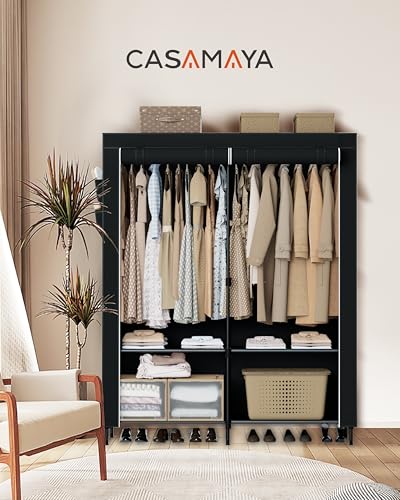 CASAMAYA Portable Closet, 54.3 Inch Large Capacity Wardrobe Closet with Cover, Clothes Storage Organizer with Shelves and 2 Hanging Rods, Easy to Assembly, Black PCT102B01 - color: Black, size: 54.3"L x 17.7"W x 78"H