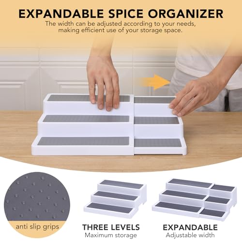 CiWiVOKi 3-Tier Expandable Spice Rack, Plastic Spice Rack Organizer for Cabinet, Adjustable Length, Non-Skid Spice Shelf Organizer for Kitchen Cabinet, Countertop or Pantry, 2 Pack, White/Grey - color: White/Gray(Pack of 2), size: 9.5"-17.5"
