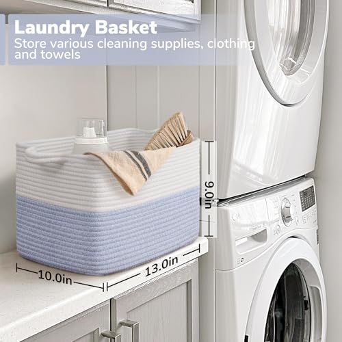 Goodpick Woven Storage Baskets for Organizing, Cotton Rope Organizer for Dog Toys Books, Rectangle Shoe Basket for Shelves, Stylish Gift Baskets Empty with Handles, 13"x10"x9", Blue - color: Light Blue, size: 13"L x 10"W x 9"H