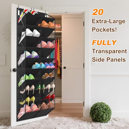 UVIAHOMI 20-30 Pairs Over the Door Shoe Organizer, Clear Pockets Hanging Shoe Storage for Closet, 10-Tier Door Shoes Rack, Handing Shoes Holder Fit All the Family's Sneakers, Boots, Heels, Black - color: Black