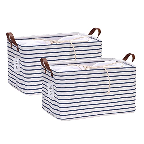 Hinwo 31L Large Storage Bins, 2-Pack Closet Organizers and Storage, Foldable Clothes Storage Baskets with Handles, Containers for Clothing, Blanket, Towels, Toys, Bedding (Navy Stripe) - color: Navy Stripe, size: 16.5" / 31L / 2-Pack