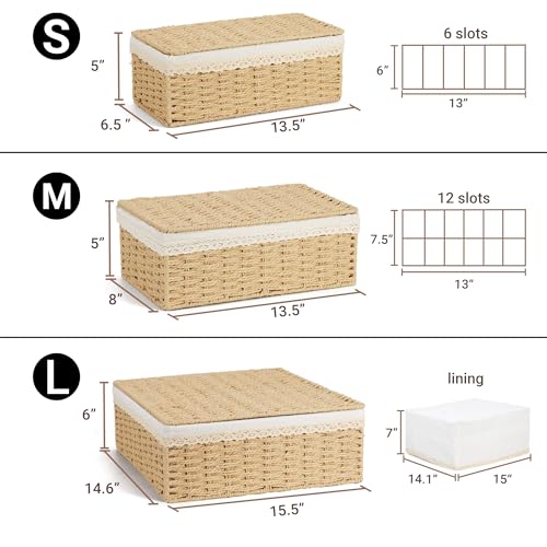 Nonam Large Basket with Lid set of 3, Rattan Divided Baskets Organizer for Shelf, Natural Wicker Storage Basket Bins for Closet, Boho Shelf Decor Covered Basket Home Storage Container - color: Divided Paper* Set of 3