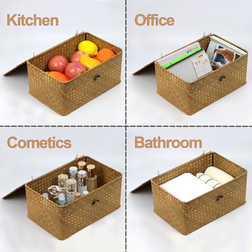 Wicker Storage Basket with Lid, Natural Seagrass Woven Shelf Basket for Storage, Rectangular Decorative Storage Bins Boxes Home Organizer Decor (Natural, Medium) - size: 13" x 8.66" x 6.1"
