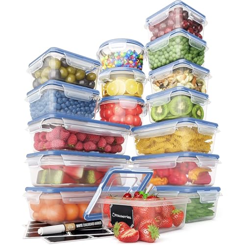 Chef's Path 32 Piece Airtight Food Storage Containers with Royal Blue Easy Snap Lids, 16 Containers and Lids, Stackable Kitchen and Pantry Canisters for Meal Prep and Food Storage -Transparent - color: Pack of 16 - Blue