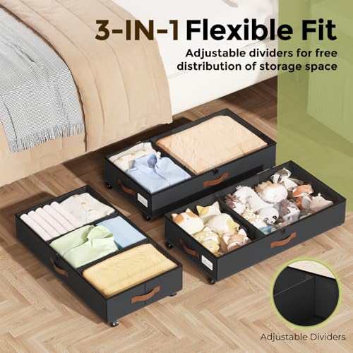 LAMU Under Bed Storage with Wheels, 2 Pack Under Bed Storage Containers with Clear Lids & Label, Rolling Under Bed Drawers for Clothes, Shoes, Blankets, Black - color: Black