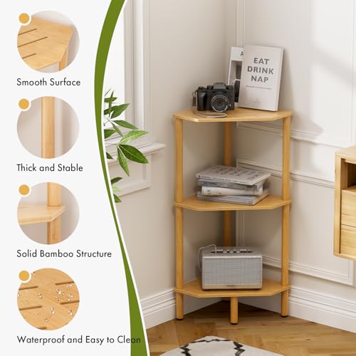 3 Tier Bamboo Corner Shelf, Storage Stand with Adjustable Feet, Small Space Corner Bookcase, Outdoor Plant Stand, Space-Saving Organizer for Bathroom Kitchen Living Room - size: 3 Tier