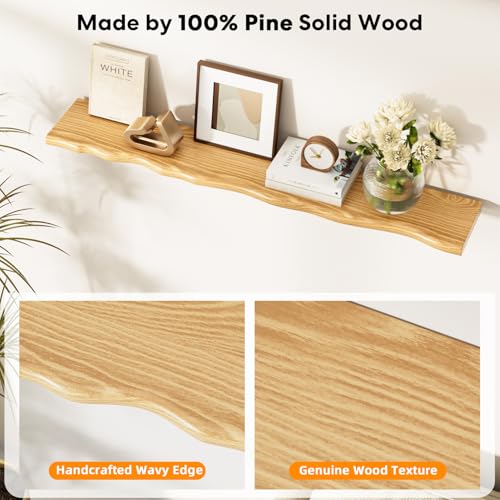 Floating Shelves for Wall Rustic Farmhouse 48 Inch Floating Shelf Bathroom Wooden Shelves for Wall Mounted Live Edge Pine Shelf with Unique Natural Grain for Living Room Bedroom Kitchen (Natural) - color: Natural, size: 48 inch - 1pc