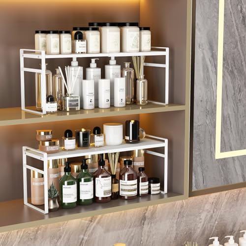 1pcs Medicine Cabinet Organizer Stretchable Storage Box for Bathroom Stackable Mirror Cabinets Vanity Small Narrow Shelf Slim Trays Holder (White, Normal)