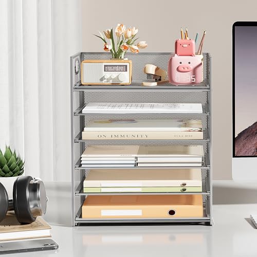 Subekyu 6-Tier Desk Paper Organizer, Desktop File Letter Tray with Handle, Document Sorter and Accessories Holder for Office, Home and School Workspace Organizers, Silver - 2 Pack - color: 2 Pack 6-tier - Silver