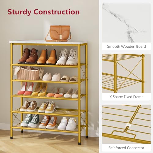 Tajsoon 6 Tier Shoe Rack Organizer for 20-24 Pairs of Shoes, Metal Mesh Shoe Shelf for Closet, Industrial Shoe Rack for Entryway Shoe Storage with X Shape Fixed Frame, White & Gold - color: White & Gold, size: 6-Tier