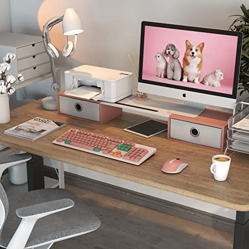 WESTREE Dual Monitor Stand Riser with Two Drawers, Extra Large Storage Monitor Stand for 2 Monitors, Desktop Oraganizer Stand for Computer,Laptop,Screen,Printer,TV - color: Pink
