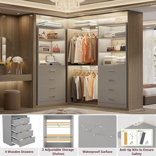 Aheaplus Closet Drawers Organizer System, 21.3" Wood Closet System with 4 Drawers, Modular Walk-in Closets Storage Unit, Tall Bookshelf Storage Cabinet, Grey - color: Grey
