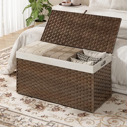HOOBRO Storage Basket with Lid, 52.8 Gallon (200L) Wicker Basket, Handwoven Blanket Storage Basket with Handles, Metal Frame and Soft Lining, Foldable for Bedroom, Laundry Room, Brown BR220CW01 - color: Brown, size: 39.4"L x 15.7"W x 19.7"H
