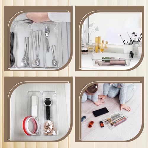 Dimeho 12 PCS Drawer Organizers Clear Plastic Vanity Drawer Dividers Kitchen Silverware Utensil Storage Desk Storage Tray for Bathroom Bedroom Office Makeup Jewelry 9 x 3 x 2 Inches