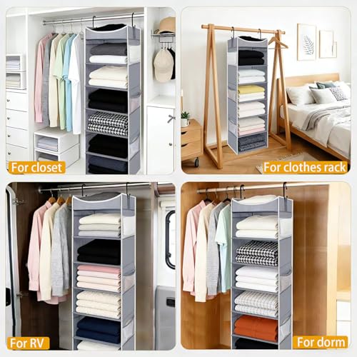 6-Shelf Hanging Closet Organizer and Storage with 6 Side Pockets, Collapsible Closet Hanging Shelves for Storage, Grey - size: 6-shelf