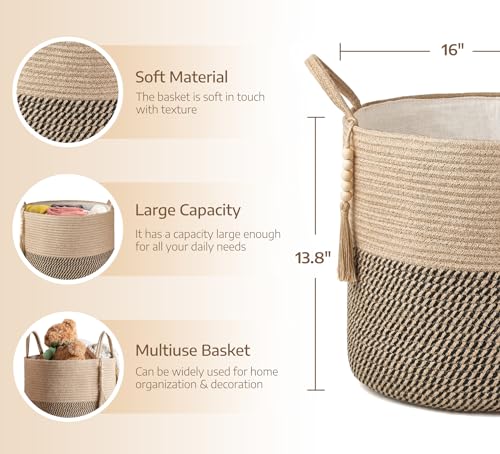 Mkono Woven Storage Basket Decorative Rope Basket Wooden Bead Decoration for Blankets,Toys,Clothes,Shoes,Plant Organizer Bin with Handles Living Room Home Decor, Yellow and Black, 16" W × 13.8" - color: Yellow and Black, size: 16" W × 13.8"L