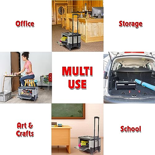 dbest Products Quik Cart Extended Four Wheeled Rolling Crate Teacher Utility with seat Dual Accessible Doors Heavy Duty Collapsible Basket with Two Position Handle - color: Black, style: Extended