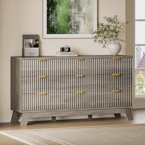 BORNOON Fluted 9 Drawer Dresser, 57.1" Wide Modern Boho Chest of Drawers, Wooden Storage Dresser TV Stand for Bedroom, Living Room, Closet, Hallway, Curved Profile Design - color: Rustic Drift, size: 9 Drawers
