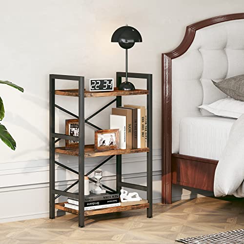Homeiju Bookshelf, 3 Tier Industrial Bookcase, Metal Small Bookcase, Rustic Etagere Book Shelf Storage Organizer for Living Room, Bedroom, and Home Office(Rustic Brown) Patent Pending D29873033 - color: Rustic, size: 3 Tier