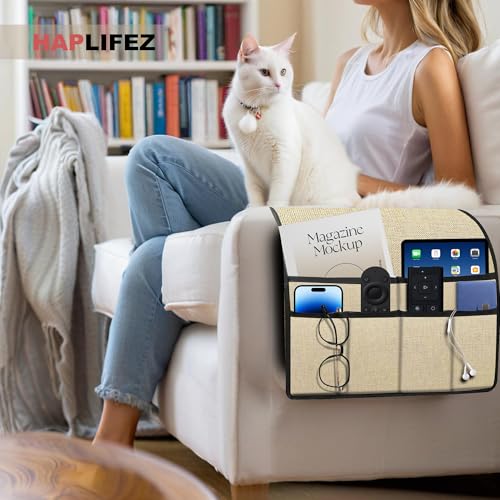Remote Holder for Recliner Armchair & Couch, Non Slip Sofa Armrest Organizer Caddy with 6 Pockets Thick Linen Fabric Storage for Tablet, Phone, iPad, Magazine, 19x35 Inches, Natural - color: Natural