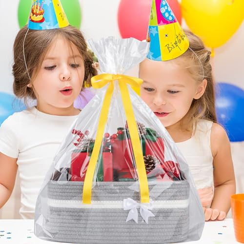 OIAHOMY Large Woven Storage Basket with Handles for Nursery Living Room Shelves, Bow Basket for Gifts Empty with Gift Bags and Ribbons for Baby Showers Pet Toy Bin - Grey - color: Grey