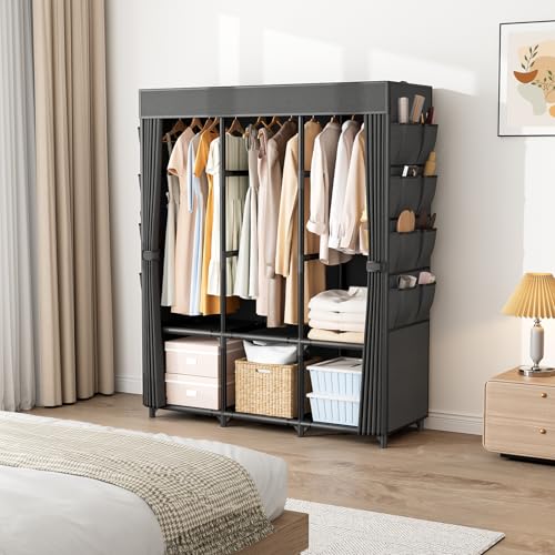 Wardrobe Closet, Portable Closets for Hanging Clothes 19mm Steel Tube Portable Wardrobe Closet for Bedroom, Clothes Rack with Cover, 3 Hanging Rod, 6 Storage Shelves and Side Pocket - color: Black, size: 3 Row - 52' Wide