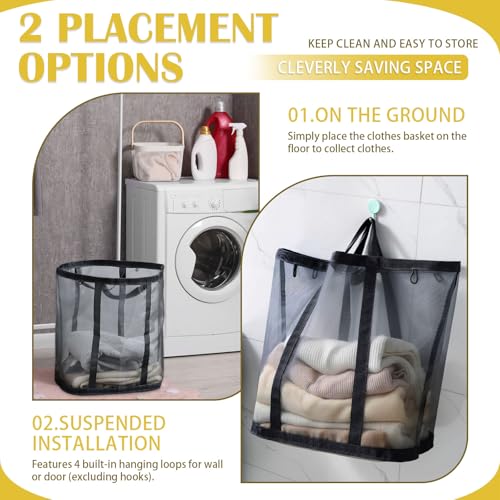 Mesh Laundry Basket, Hanging Laundry Hamper for Wall Door with Handles, Breathable Foldable Beach Bag Space-saving Travel Tote (2Pack, Black) - color: Black