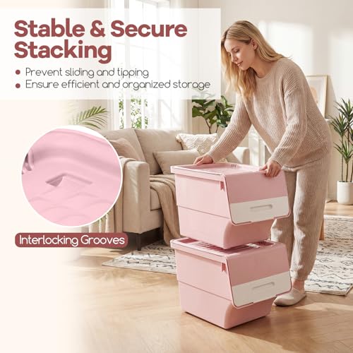 Giantex Plastic Stackable Storage Bins with Lids & Wheels, 3 Pack Open Front Stacking Bins, Organizer Bins for Pantry, Kitchen, Laundry, Closet, Playroom, Bedroom Organization (35 QT) - color: White + Pink, size: 3 Pack, 35 QT