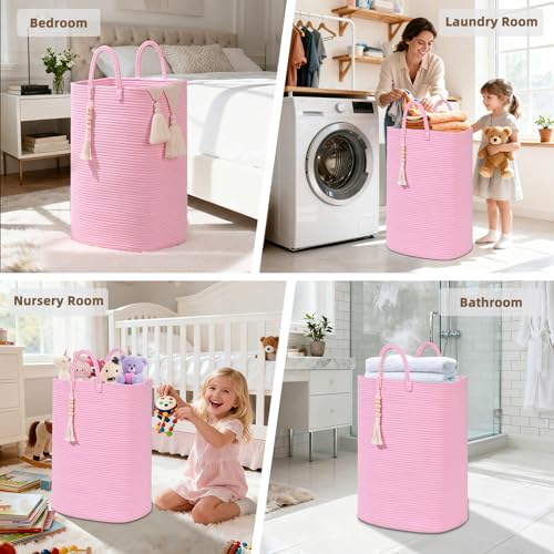Woven Laundry Basket for Clothes, 65L Large Rectangle Laundry Hampers, Nursery Storage Basket for Toys, Tall Dirty Clothes Hamper for Bedroom Aesthetic, Bathroom, Laundry Room - color: Pink, size: 65L