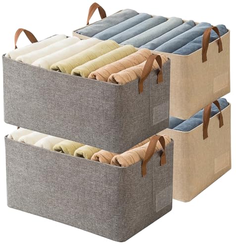 AARAINBOW 4 Pcs Closet Clothes Organizer with Handle, Closet Shelf Fabric Storage Box Steel Frame, Stackable Shelf Storage Baskets Foldable Wardrobe Storage Box for Clothes Pants, 23L (2 Gray 2 Beige) - color: Beige,Gray