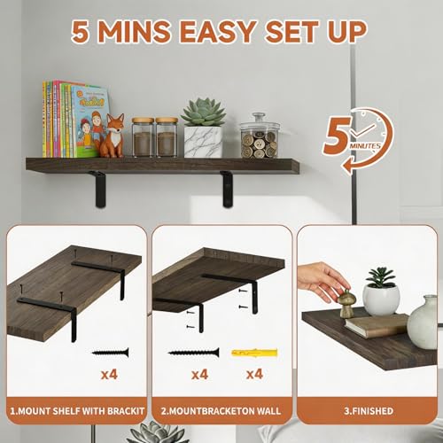 LifetimeWarranty Easy Install Wall Shelves with Brackets,15.7 Inch Wall Mounted Wood Floating Wall Shelf, Small Wall Shelf for Storage&Home Decor, Living Room,Kitchen,Office,Book Corner Shelf,Set of 3 - color: Brown L-bracket