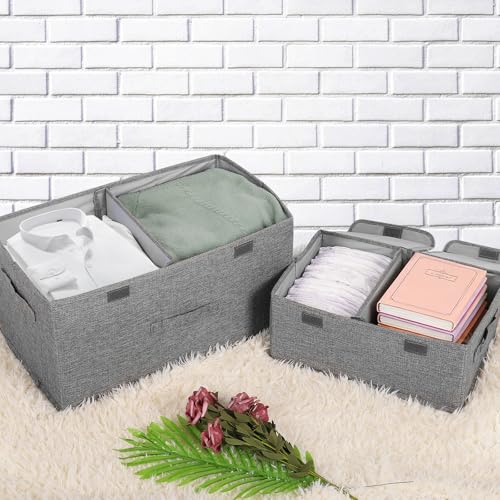 2 Pack Large Storage Boxes with Lids and Handles, Collapsible Linen Storage Bins Organizer Containers Baskets Cube with Removable Divider for Home Bedroom Closet Office (Orange, Small) - color: Orange, size: Small