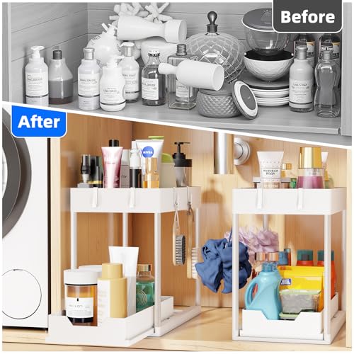 Simple Trending Under Sink Organizer 2 Pack, Sink Pull-Out Sliding Storage Cabinet, 2-Tier Under Shelf Organizer for Kitchen Bathroom, White - color: White, size: 2 pack