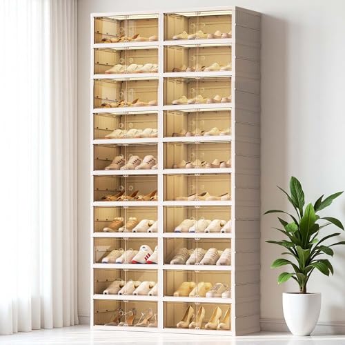 10-Tiers Shoe Rack Organizer with Doors, Foldable Storage Cabinet Holds 40 Pairs, Stackable Plastic Shelf for Closet, Entryway, Living Room, Collapsible Easy Assembly Large - size: 10 Tiers 40 Pairs