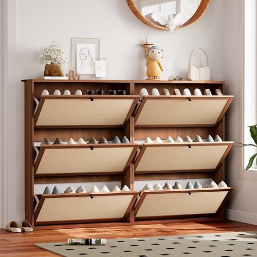 AVZEAR Narrow Shoe Storage Cabinet for Entryway with Natural Linen Panel, Freestanding Slim Shoe Cabinet with 3 Flip Drawers, Wood Shoe Organizer Closed Shoe Rack for Hallway, Living Room(Walnut) - color: Walnut, size: 3 Drawers Single Layer