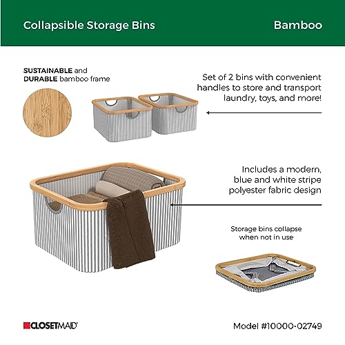 ClosetMaid Laundry Hamper Storage Baskets, Bamboo Frame, Portable, Collapsible Design, Freestanding, Stripe (2-Pack)