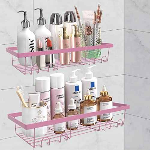 Durmmur 2 Pack Adhesive Shower Caddy Organizer with Hooks, Rustproof No Drilling Wall Mounted Storage Shelf Rack for Inside Shower/Bathroom/Kitchen (Pink) - color: Pink
