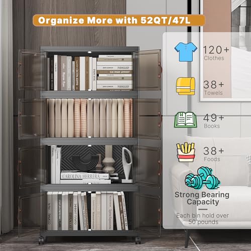 UAMFURI Stackable Storage Bins with Lids 192QT-48QT*4Pack Folding Storage Box with Doors and Wheels, Collapsible Plastic Bins Stackable Organizer and Containers for Home, Garage, Office - color: Black, size: 4PACK-20"W12"D44"H
