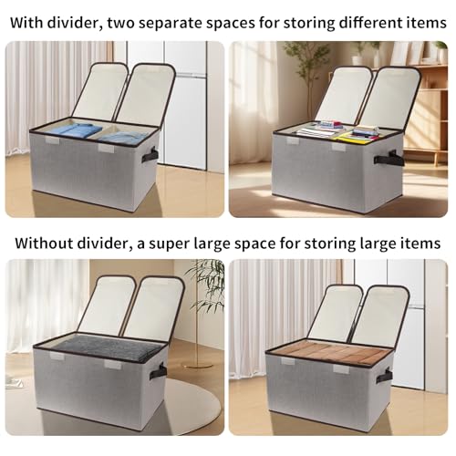 Foldable Fabric Storage Box with Double-Lid & Dividers, Large Organizer for Home, Closet, Office (Grey, 2 Packs) - color: Grey, size: 2 Packs